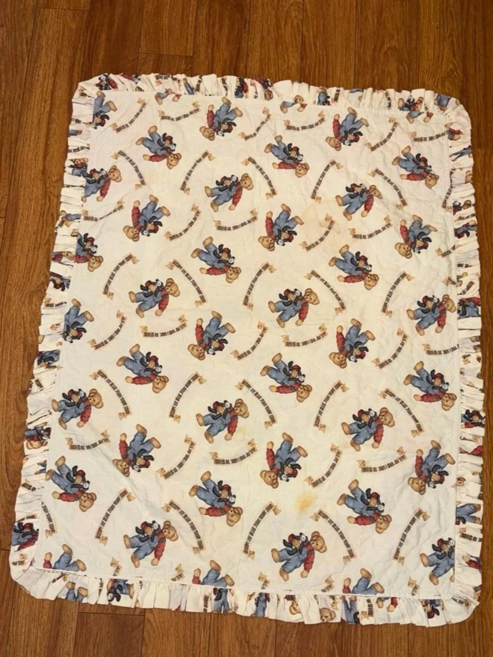 Vintage 90s blue jean teddy bear quilt 44x35